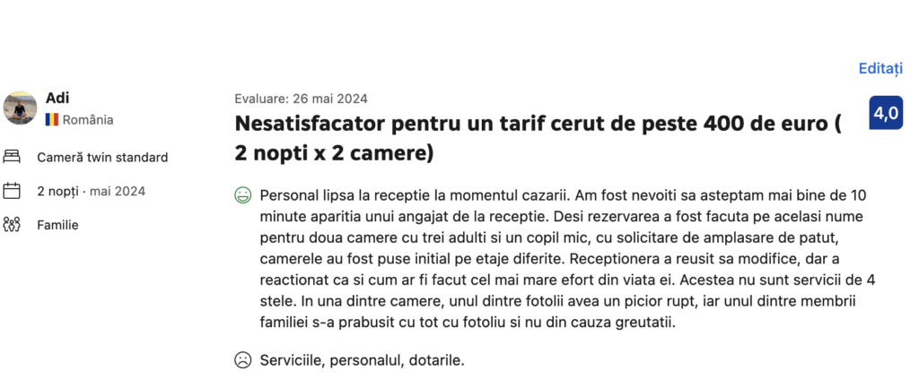 Review lăsat hotelului de 4 stele din București