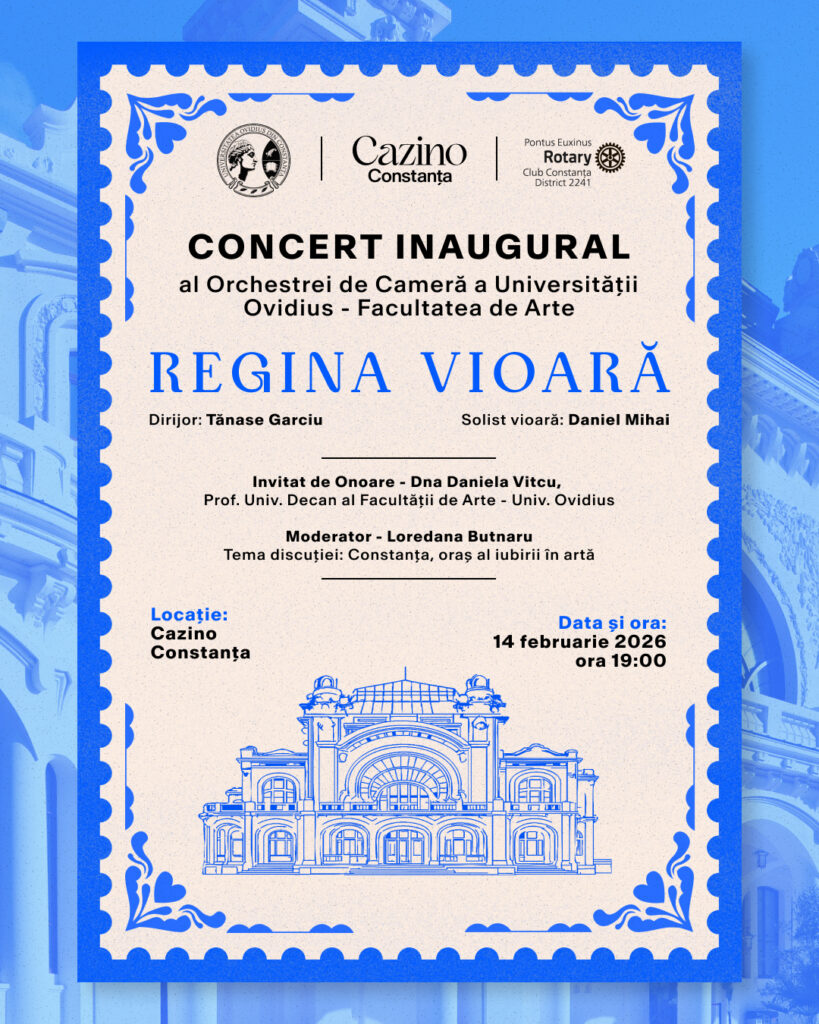 De Ziua Îndrăgostiților, Cazinoul își schimbă ritmul și devine scenă pentru un moment cu adevărat special: concertul inaugural „Regina Vioară”, realizat în parteneriat cu Universitatea Ovidius din Constanța.