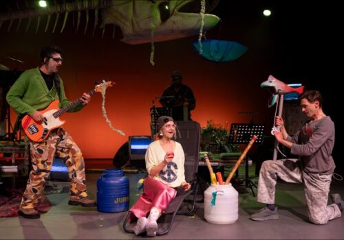 Spectacolul „O insulă” de Ada Milea la Teatrul de Stat Constanța: actori pe scenă, cu chitară bas și un pește-recuzită