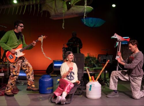 Spectacolul „O insulă” de Ada Milea la Teatrul de Stat Constanța: actori pe scenă, cu chitară bas și un pește-recuzită