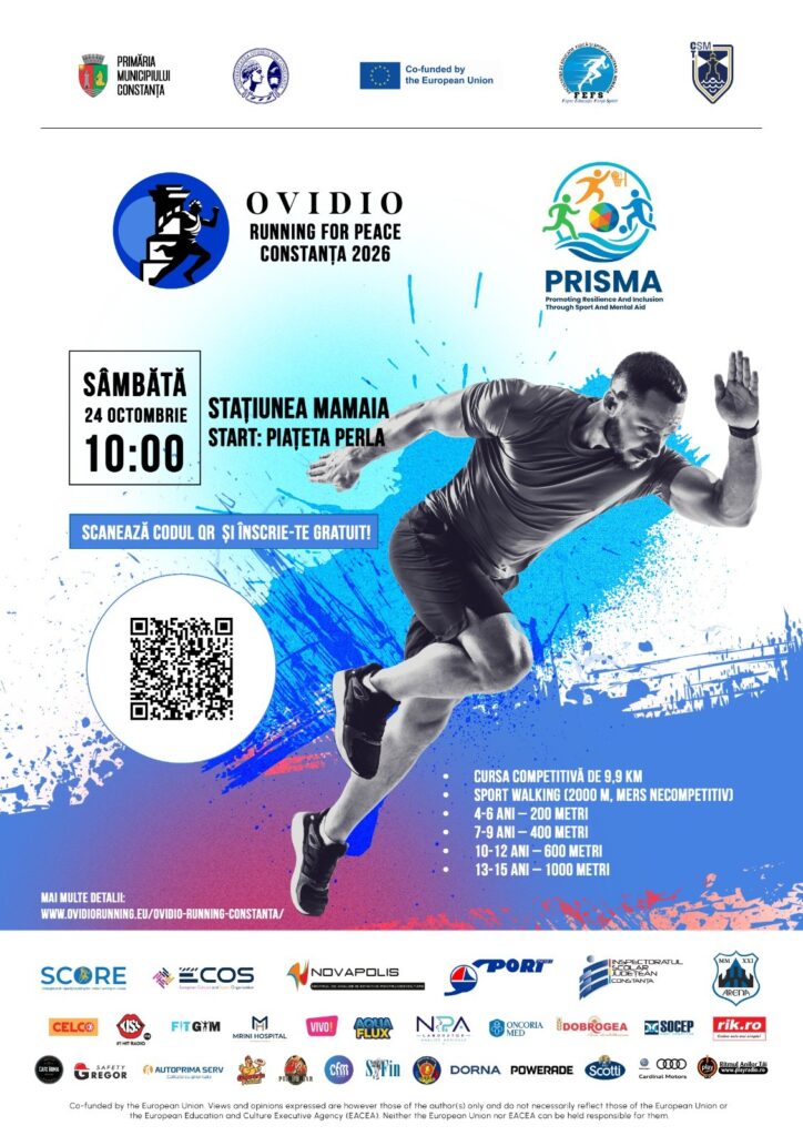 Afișul Ovidio Running for Peace 2026: curse pentru copii, cursă de 9,9 km și Sport Walking în Mamaia